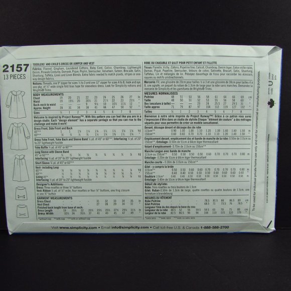 Toddler Dress Jumper Size AA 1/2 1 2 3 Simplicity 2157 Project Runway Pattern - Picture 4 of 6